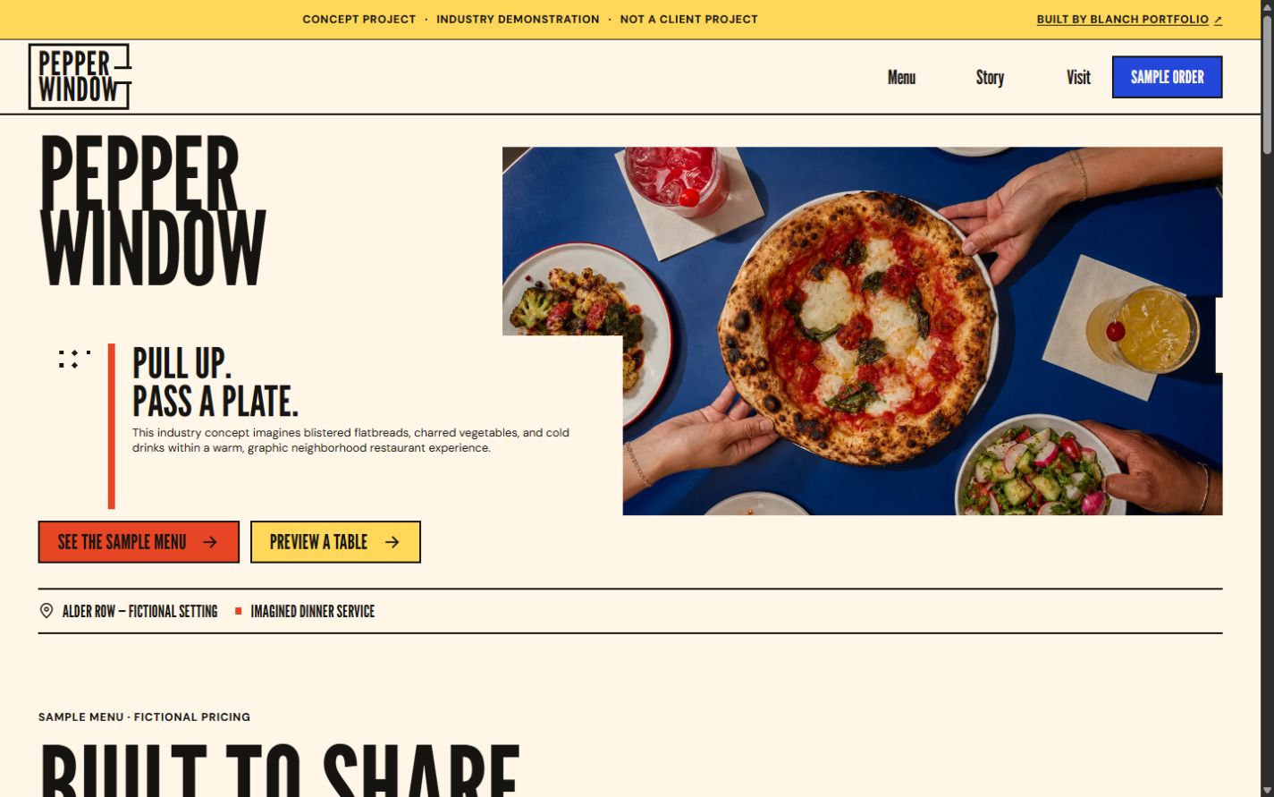 Pepper Window restaurant website concept homepage