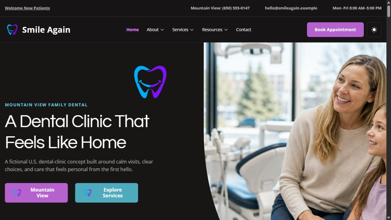 Smile Again fictional dental clinic concept homepage