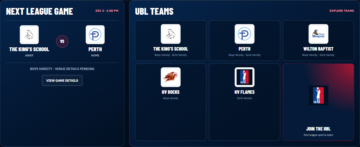 Upstate Basketball League dashboard screen