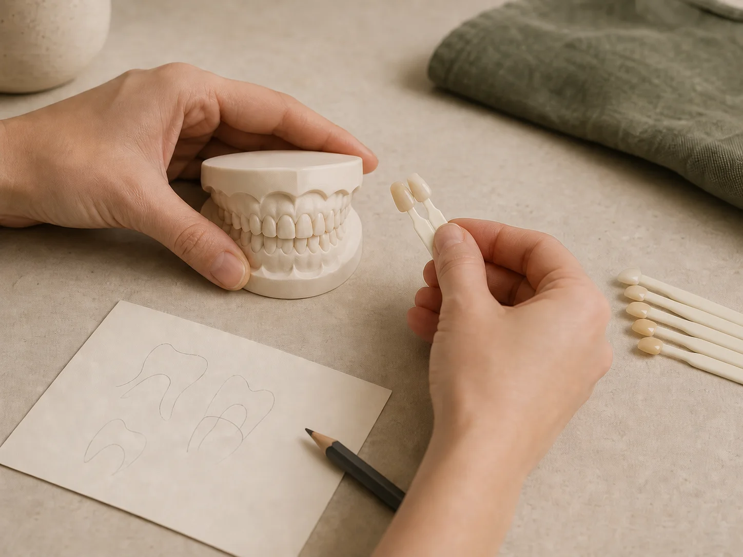 AI-generated concept still life of fictional hands comparing ceramic shade tabs beside a study model