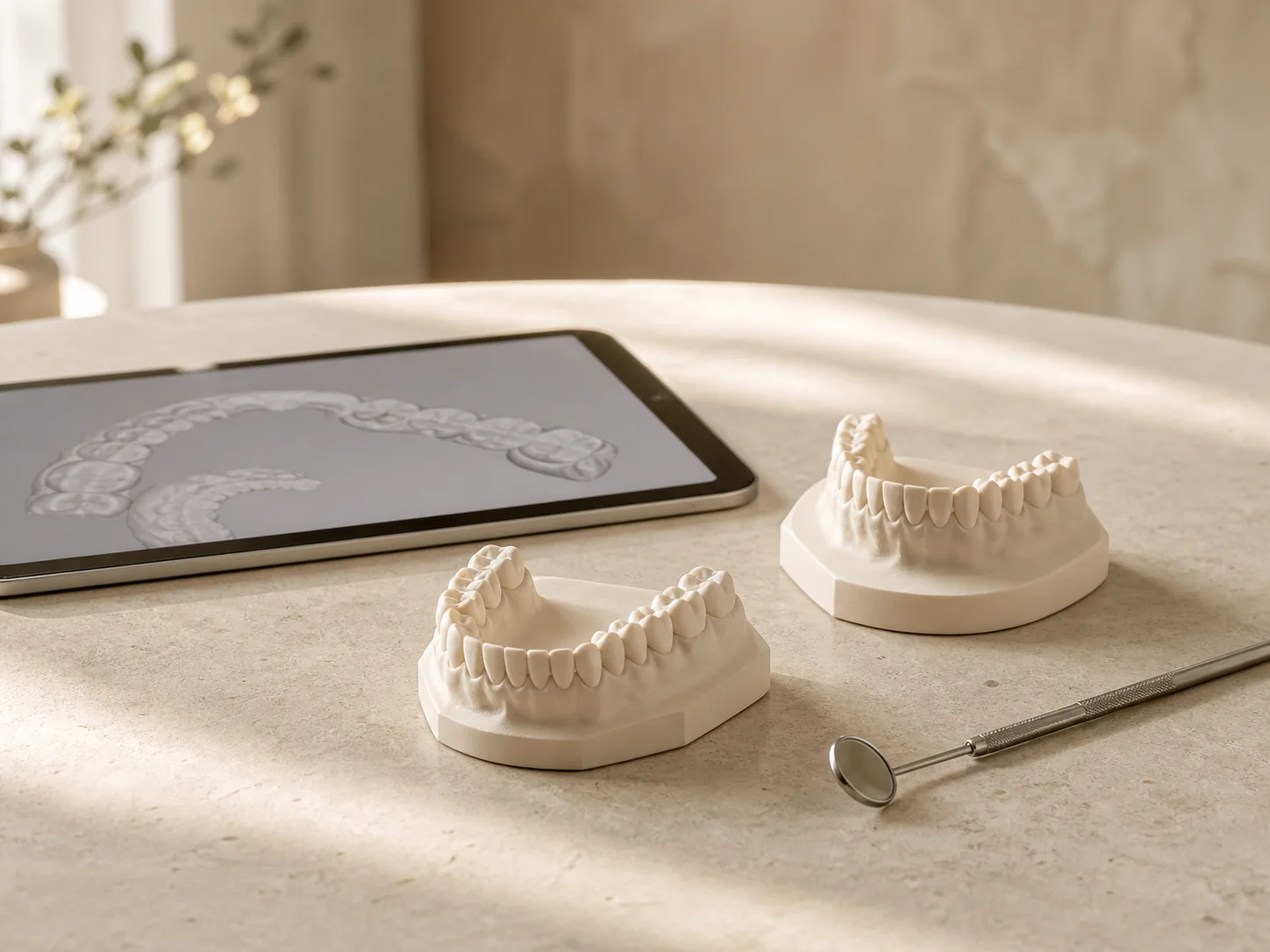 Ceramic study models beside an abstract scan preview on a tablet