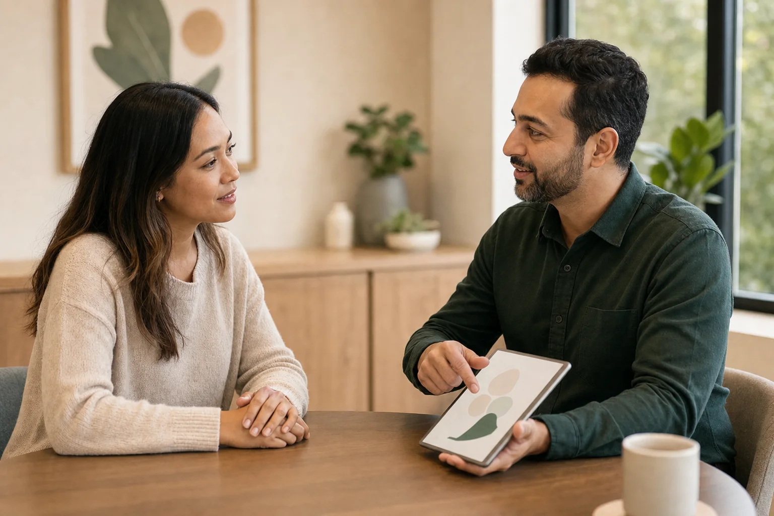 A fictional dentist explaining a care plan to an adult at a consultation table