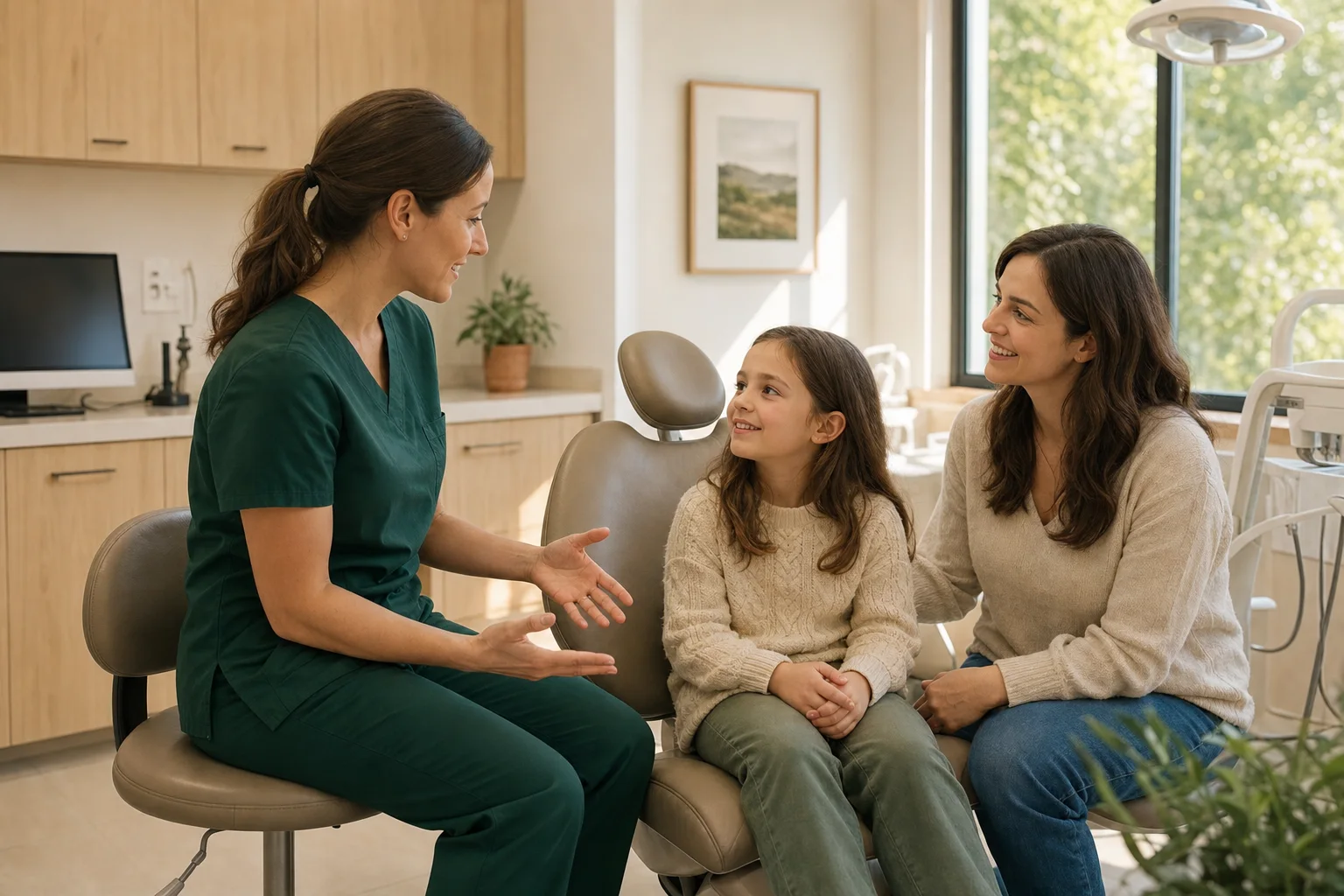 A fictional dentist speaking with a relaxed parent and child in a warm, sunlit dental room