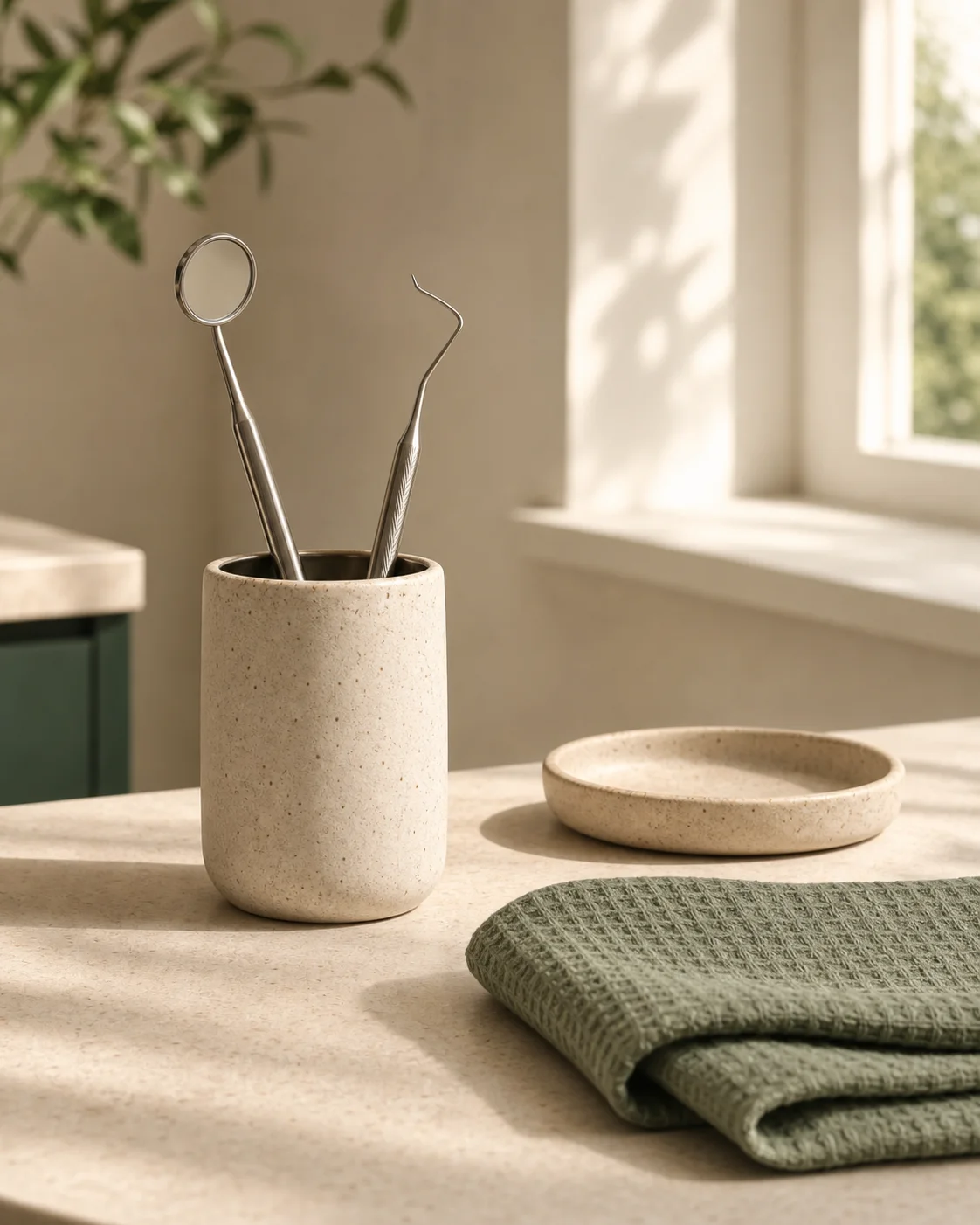 Dental mirror and explorer in a ceramic cup beside a fern-colored linen towel
