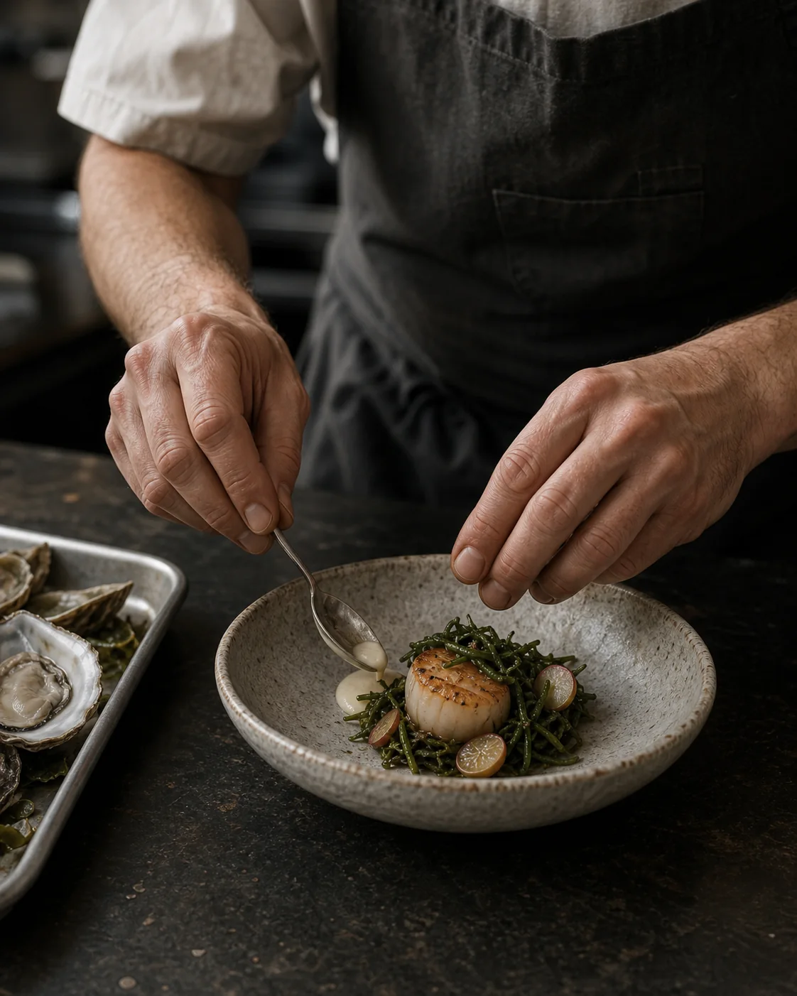 A chef finishes a single seared scallop with sea lettuce in a handmade ceramic bowl.