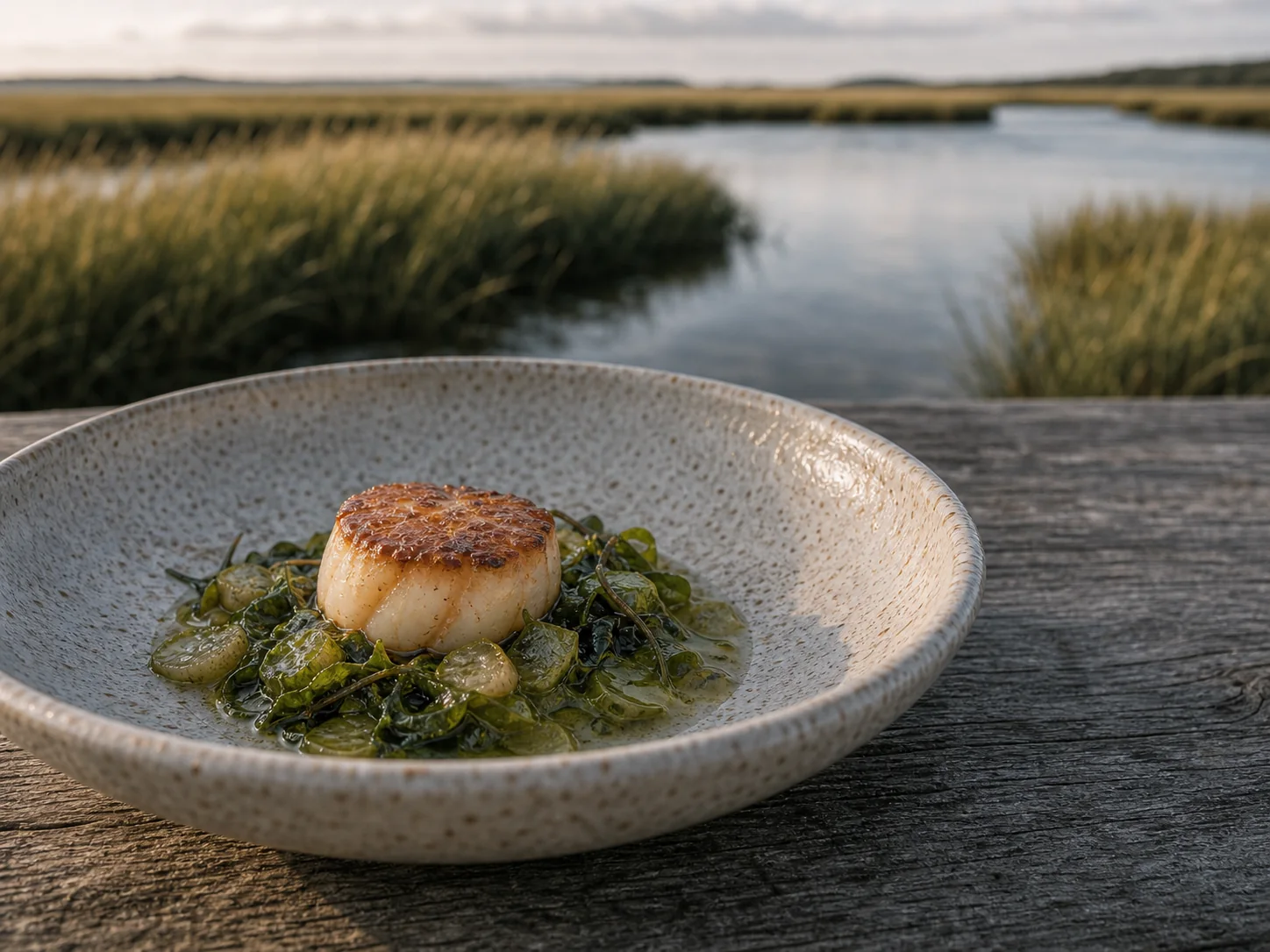 A seared dayboat scallop with green strawberry and sea lettuce beside the marsh.