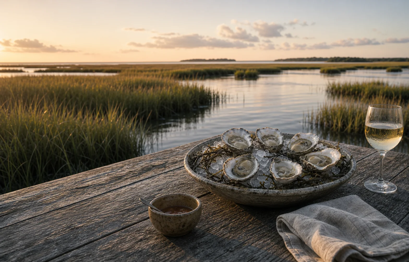 Six oysters on ice at a weathered table overlooking a calm Carolina salt marsh.