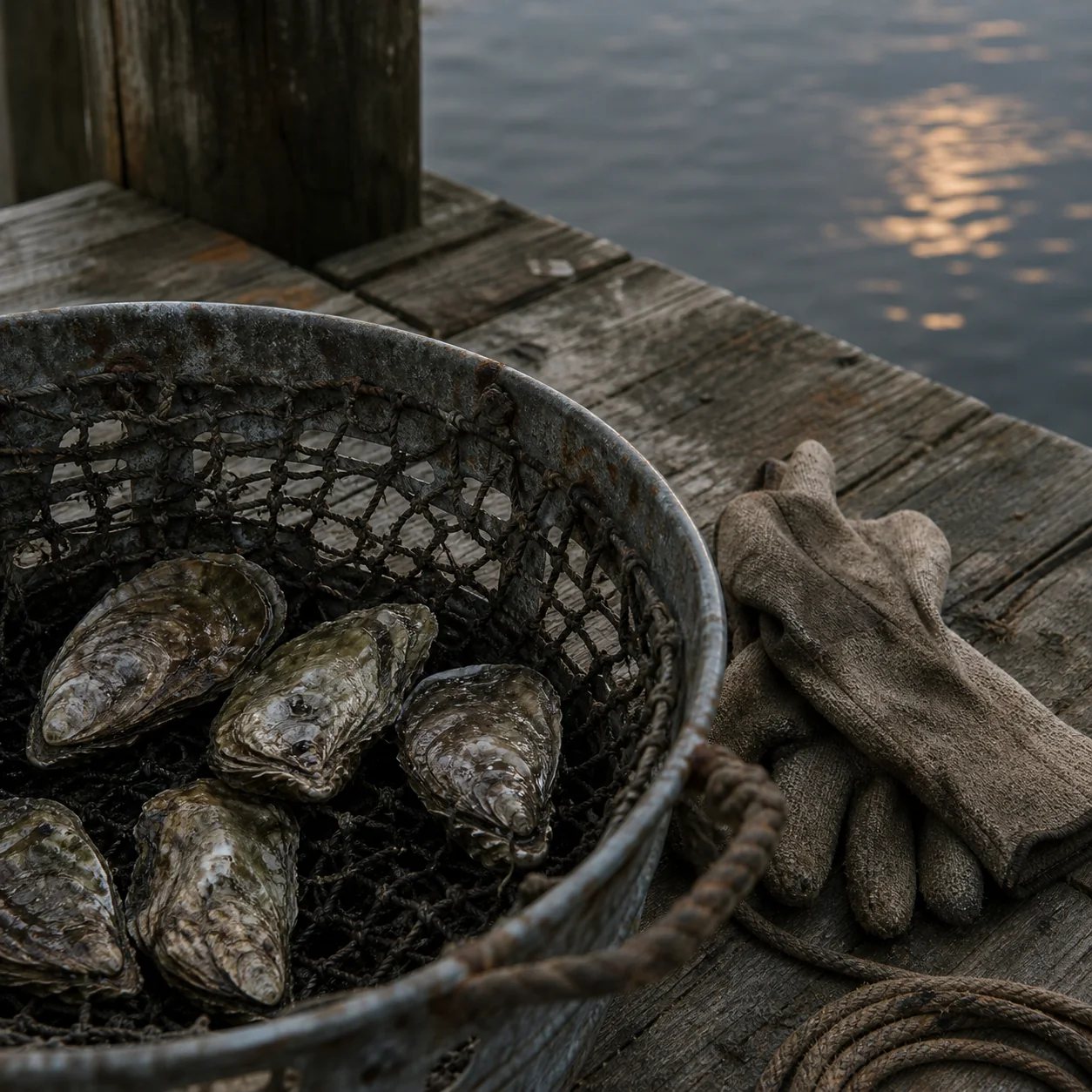 Wet oyster shells in a weathered harvest basket beside canvas gloves on a dock.