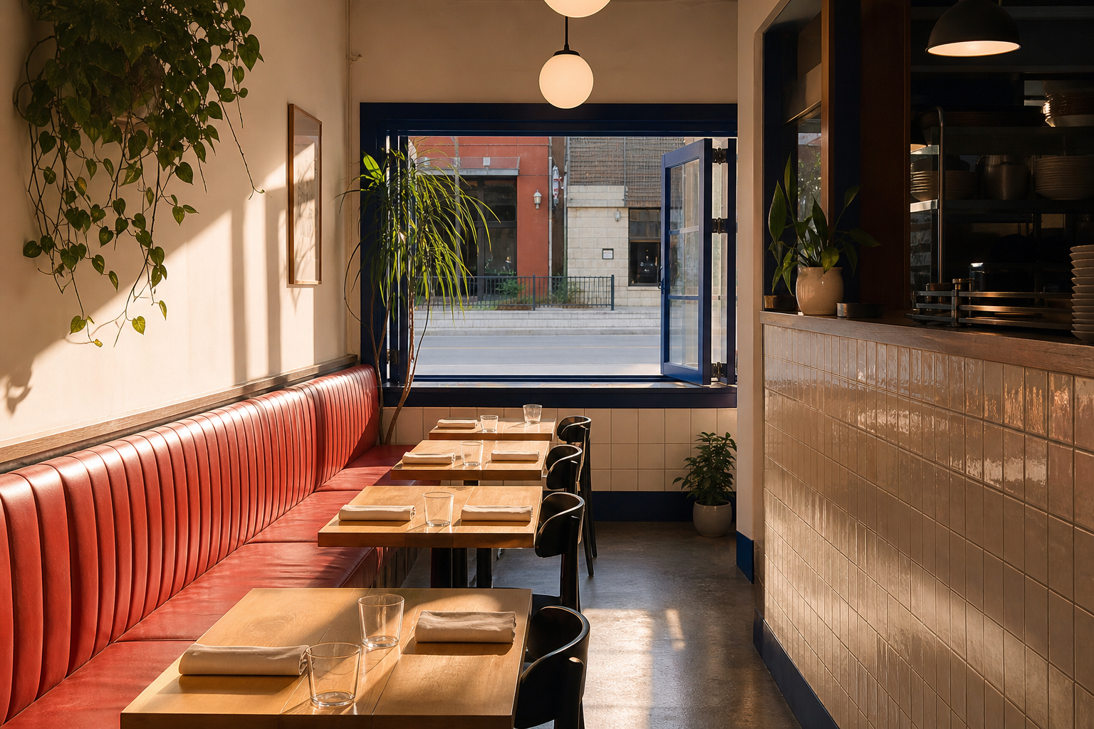 Sunlit fictional dining room with a tomato-red banquette, pale wood tables, cream tile, and a wide cobalt-trimmed street window.