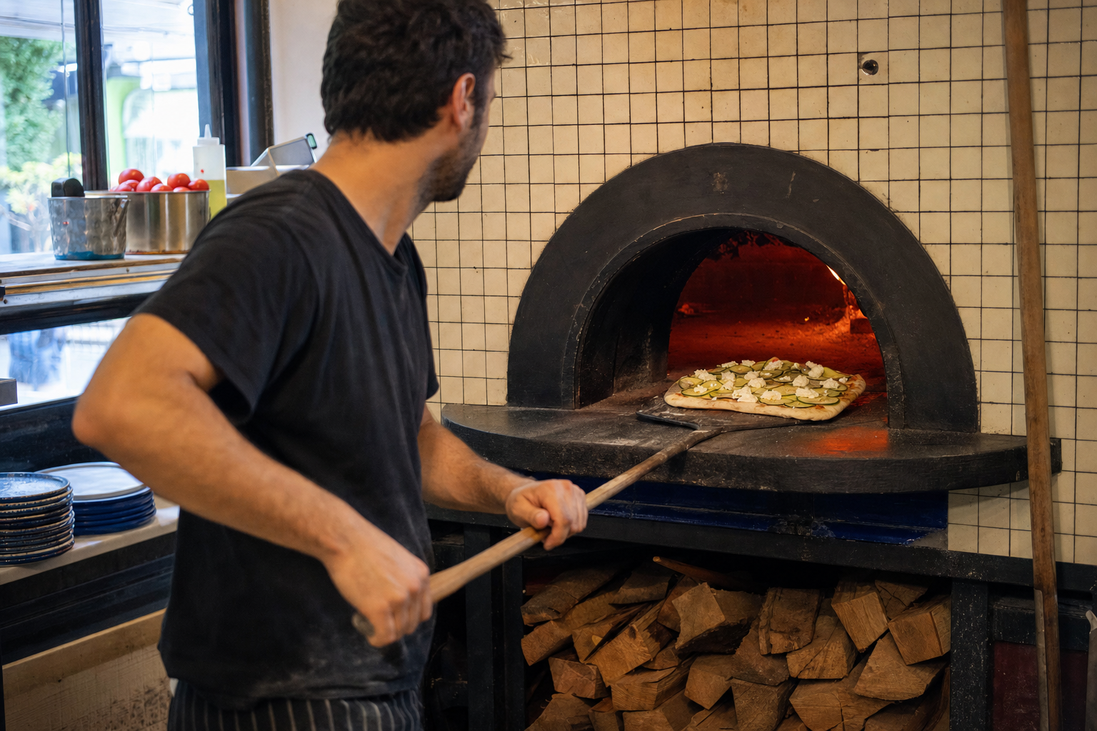 Cook sliding a zucchini and ricotta flatbread into a cream-tiled deck oven with a wooden peel.
